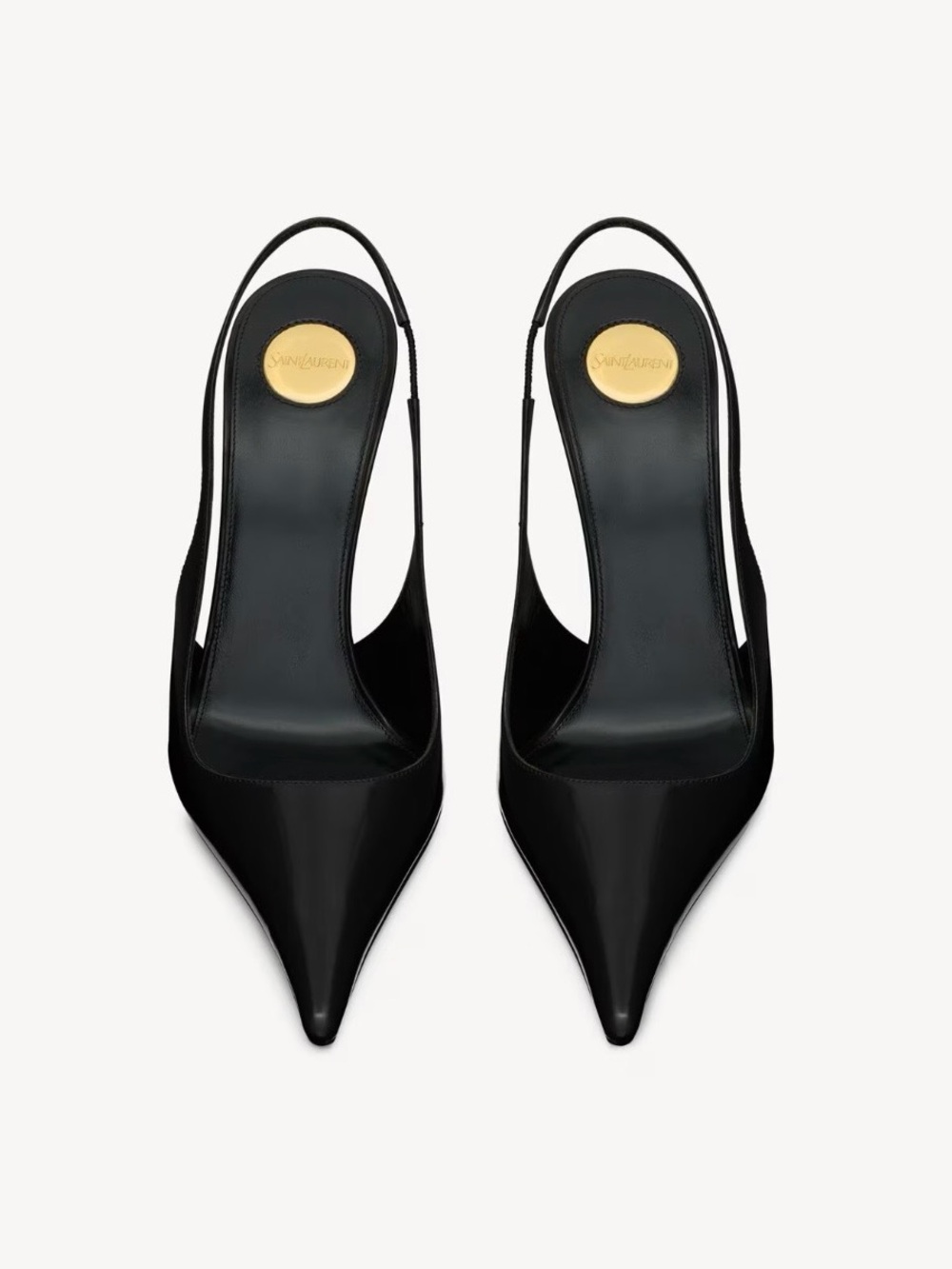 Saint Laurent Black Patent Pointed Slingback Pumps with Gold Medallion